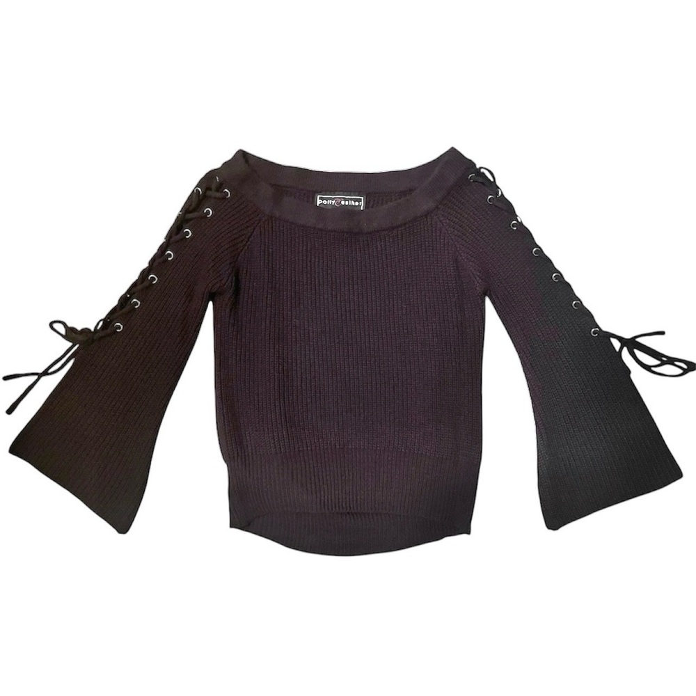 Women’s Black Off-the-Shoulder Lace-up Flare Sleeve Sweater